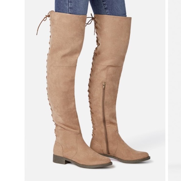 JustFab Shoes - Over the Knee Boots Taupe Corset Style Justfab